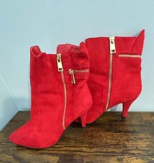 Bellini Red Suede Pointed Toe Ankle Boots with Gold Zippers